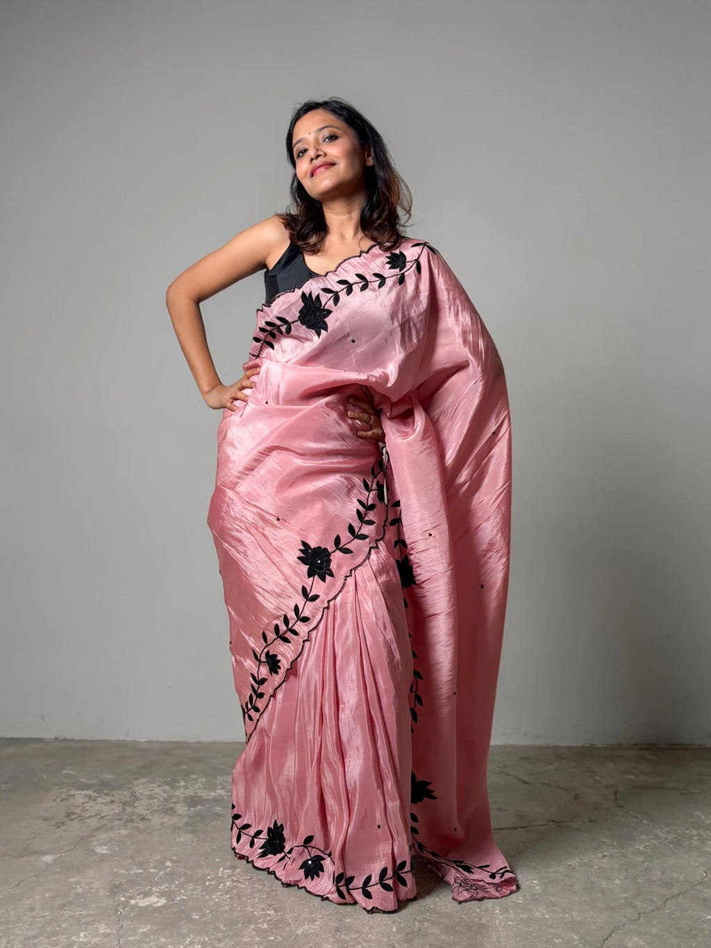 Blush Pink Handcrafted Floral Border Saree