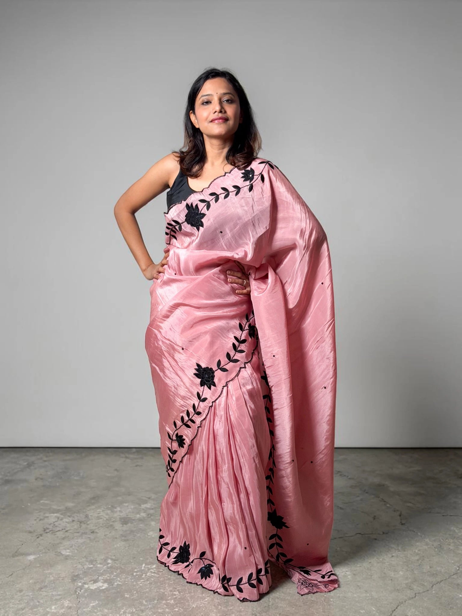 Blush Pink Handcrafted Floral Border Saree