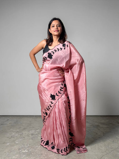 Blush Pink Handcrafted Floral Border Saree