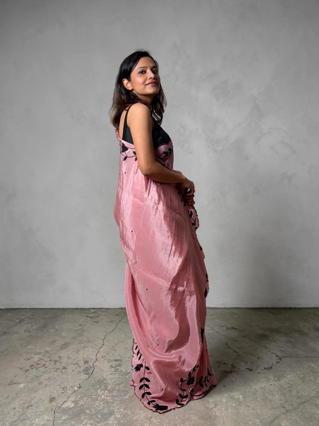 Blush Pink Handcrafted Floral Border Saree