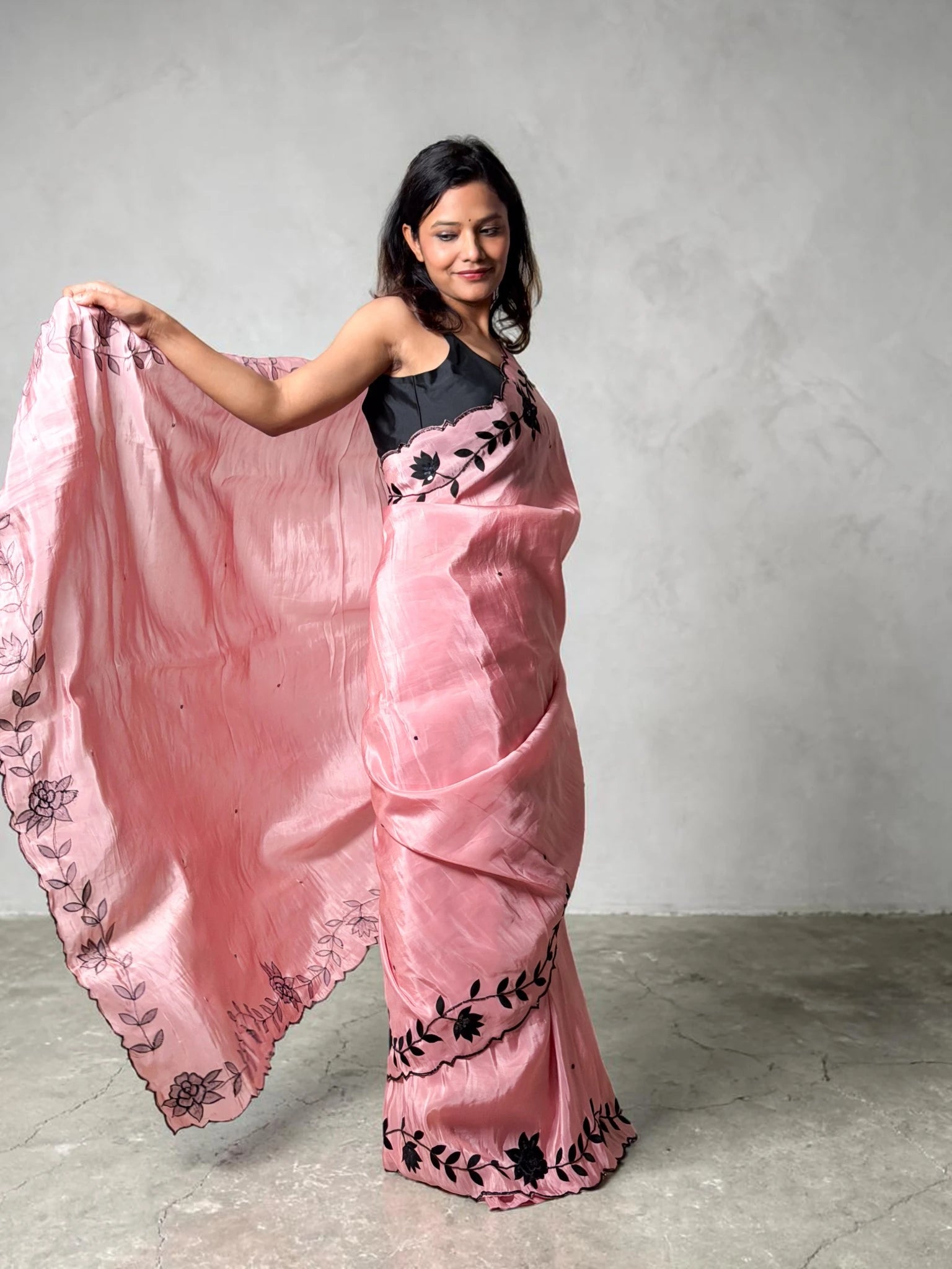 Blush Pink Handcrafted Floral Border Saree