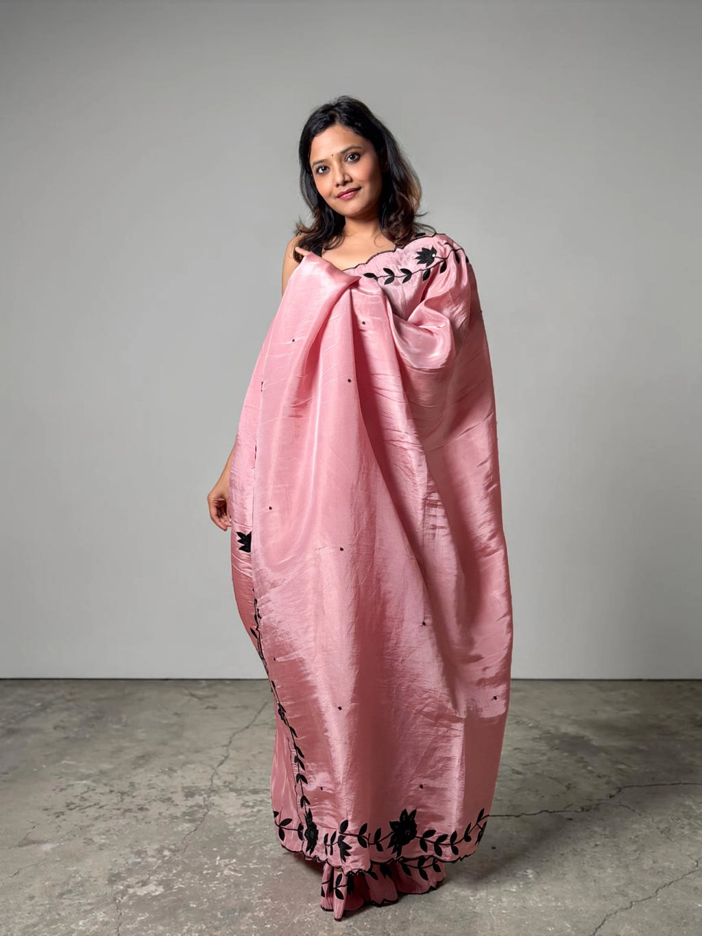 Blush Pink Handcrafted Floral Border Saree