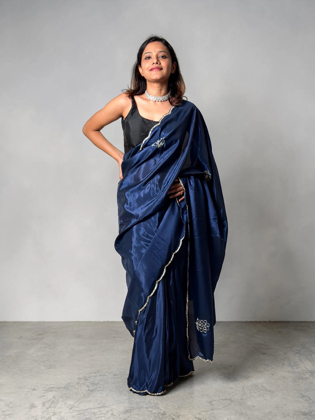 Midnight Blue Embellished Satin Silk Saree