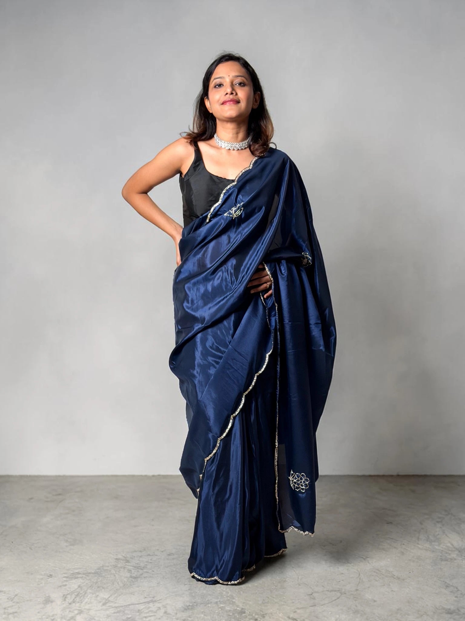 Midnight Blue Embellished Satin Silk Saree