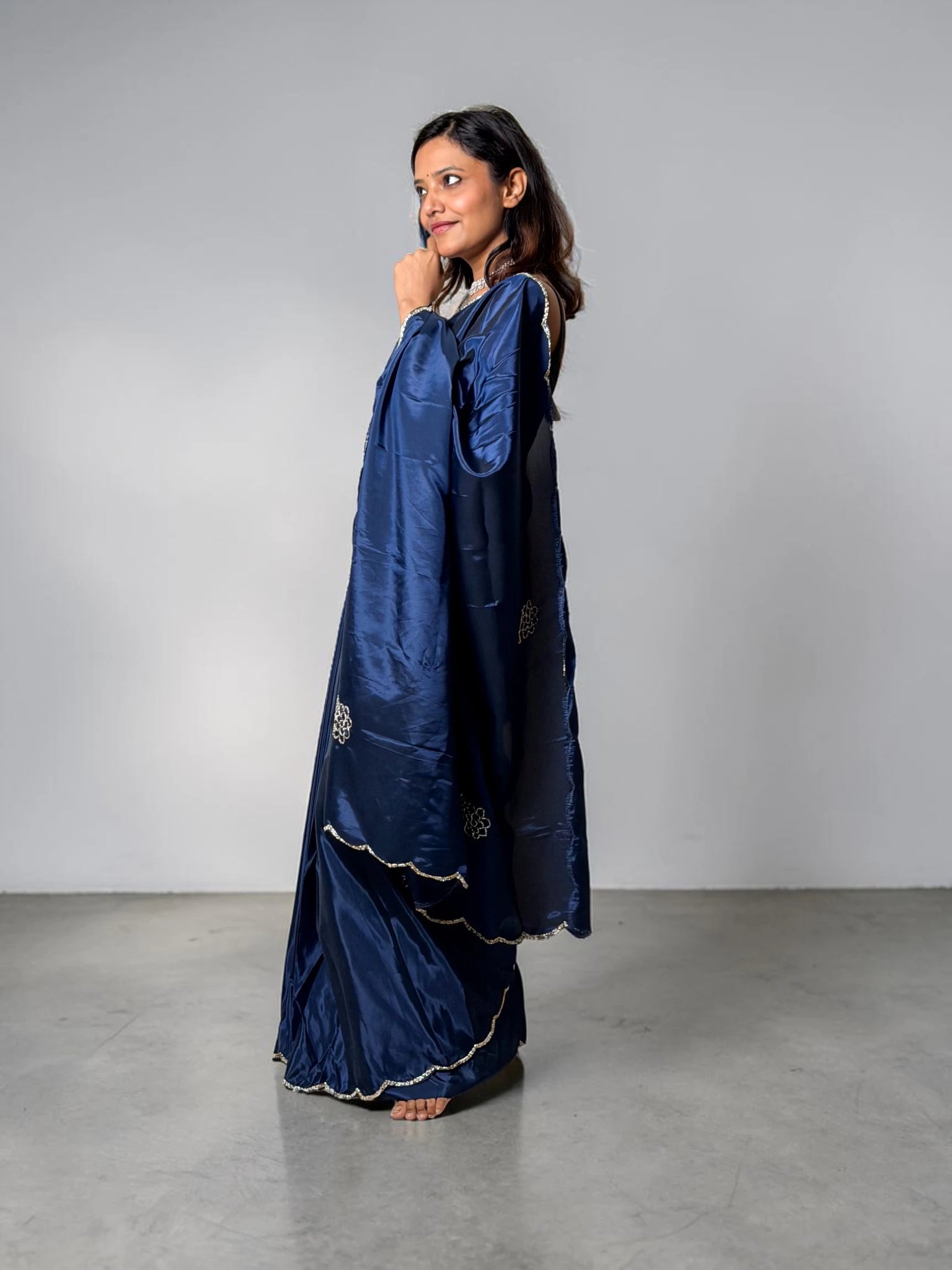 Midnight Blue Embellished Satin Silk Saree