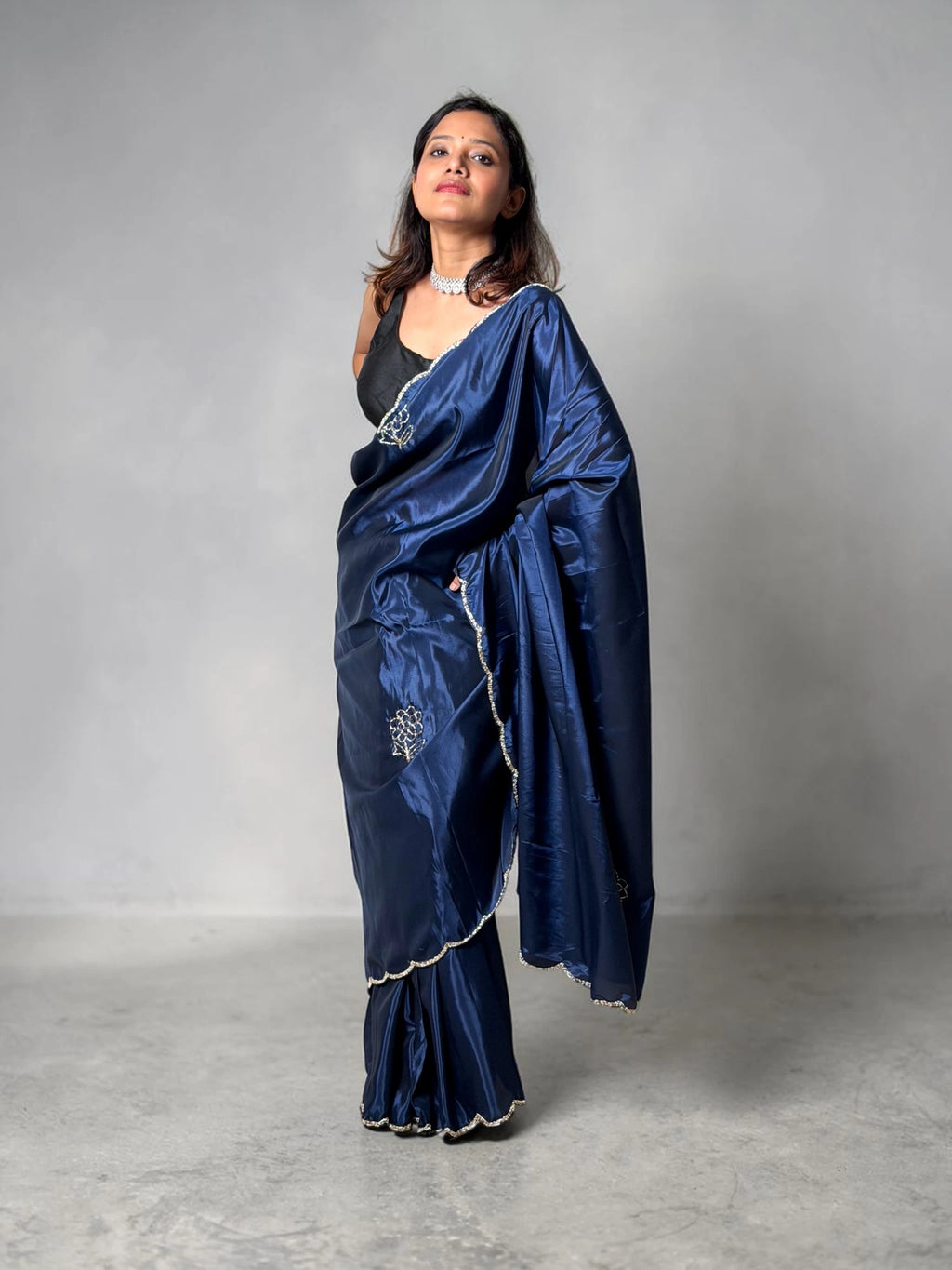 Midnight Blue Embellished Satin Silk Saree