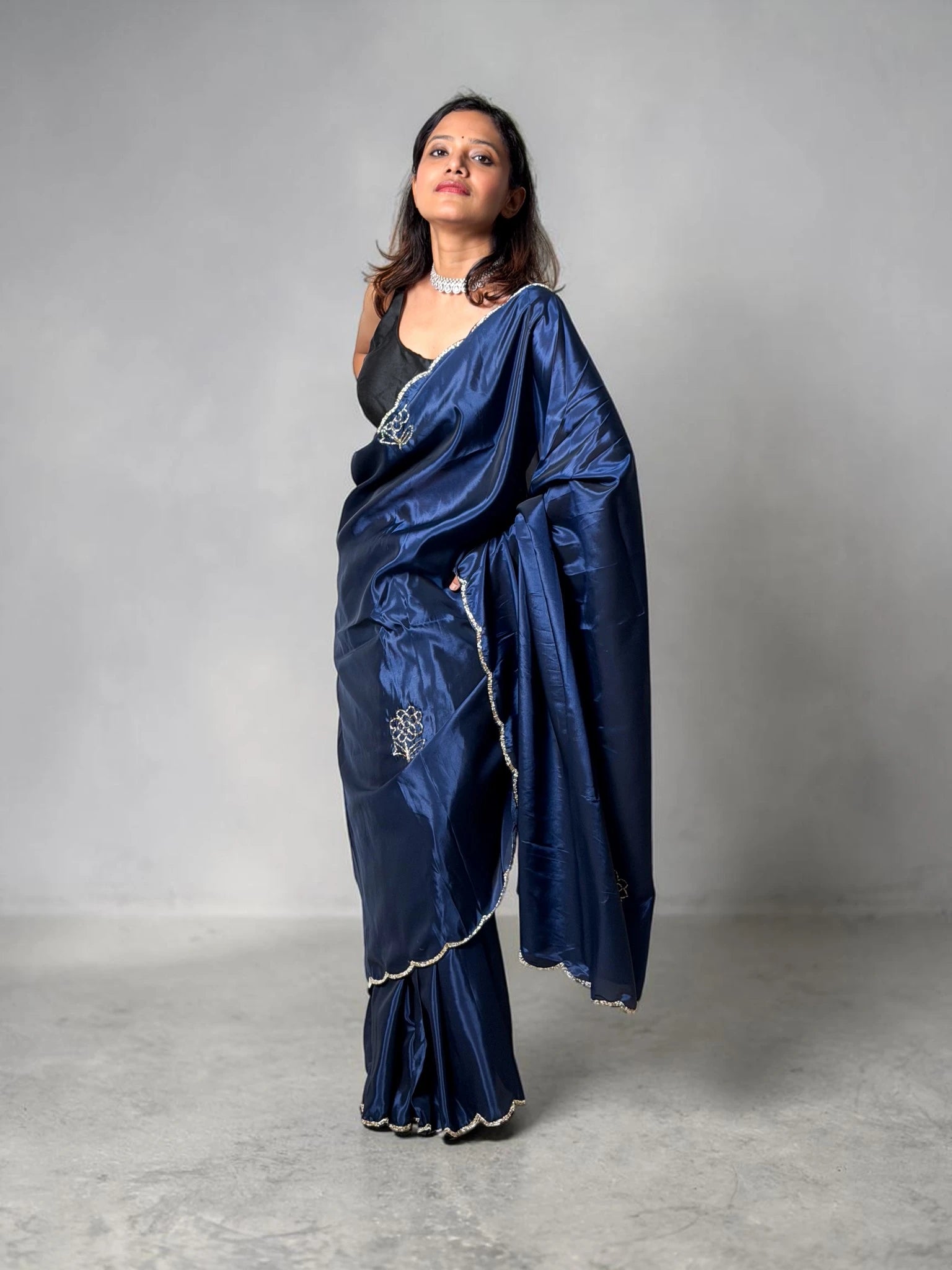 Midnight Blue Embellished Satin Silk Saree