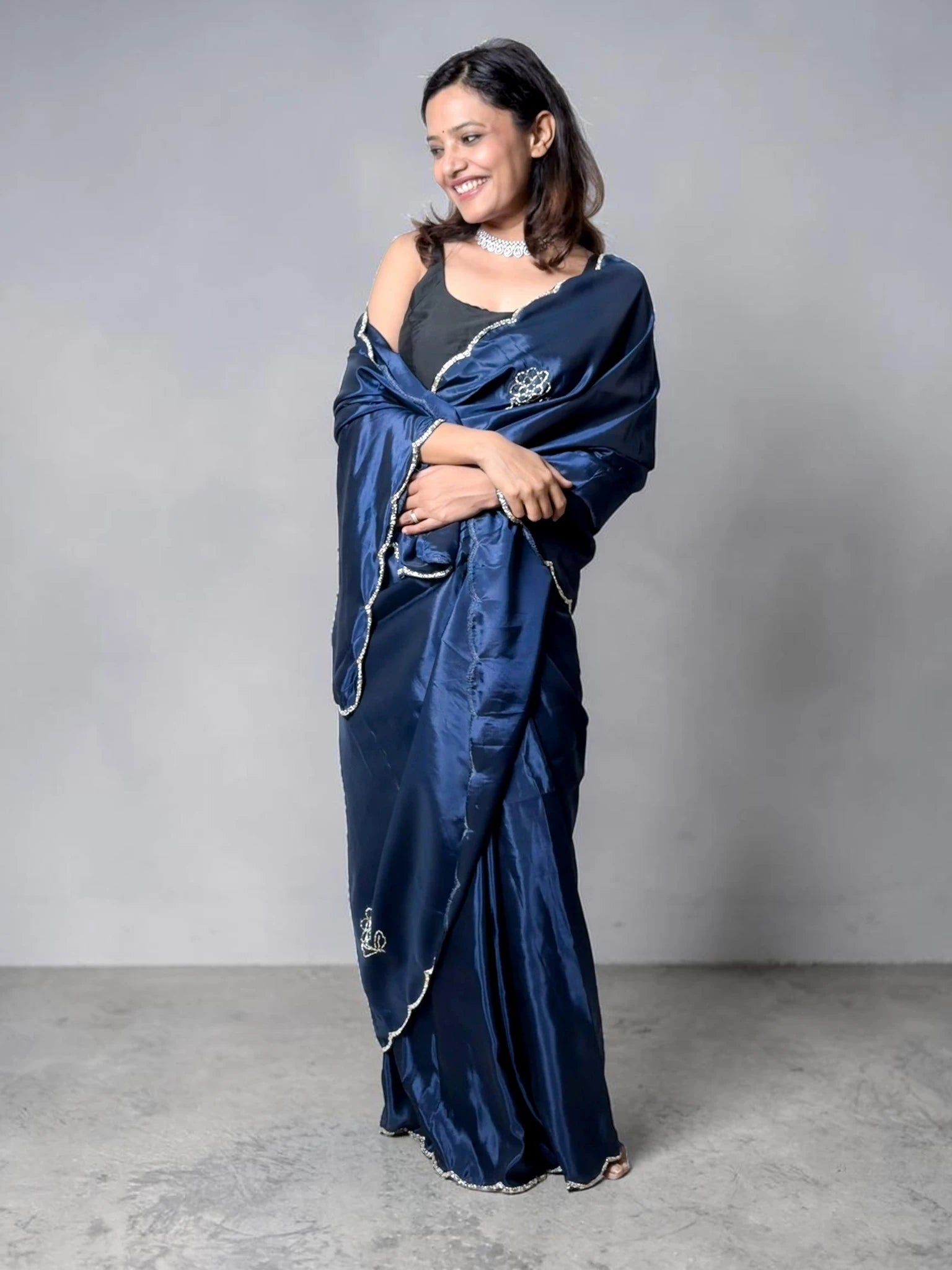 Midnight Blue Embellished Satin Silk Saree