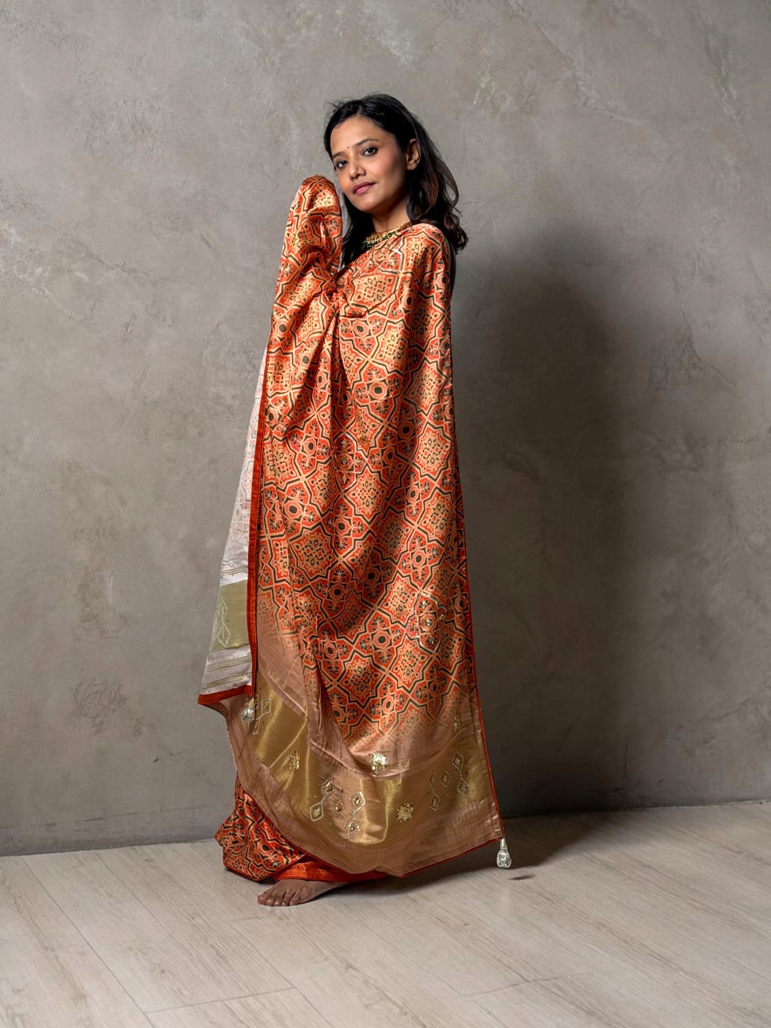 Rust Orange Heritage Ajrakh Inspired Saree