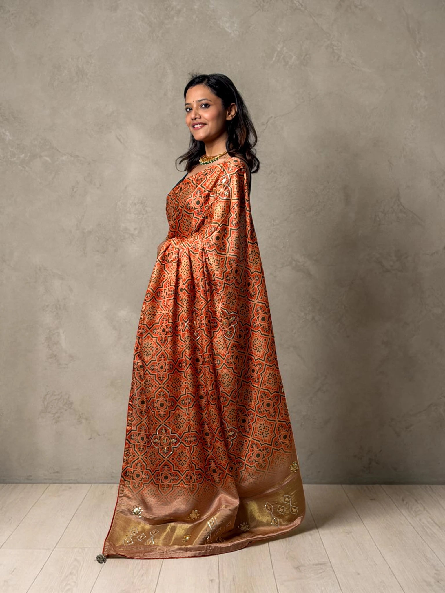 Rust Orange Heritage Ajrakh Inspired Saree