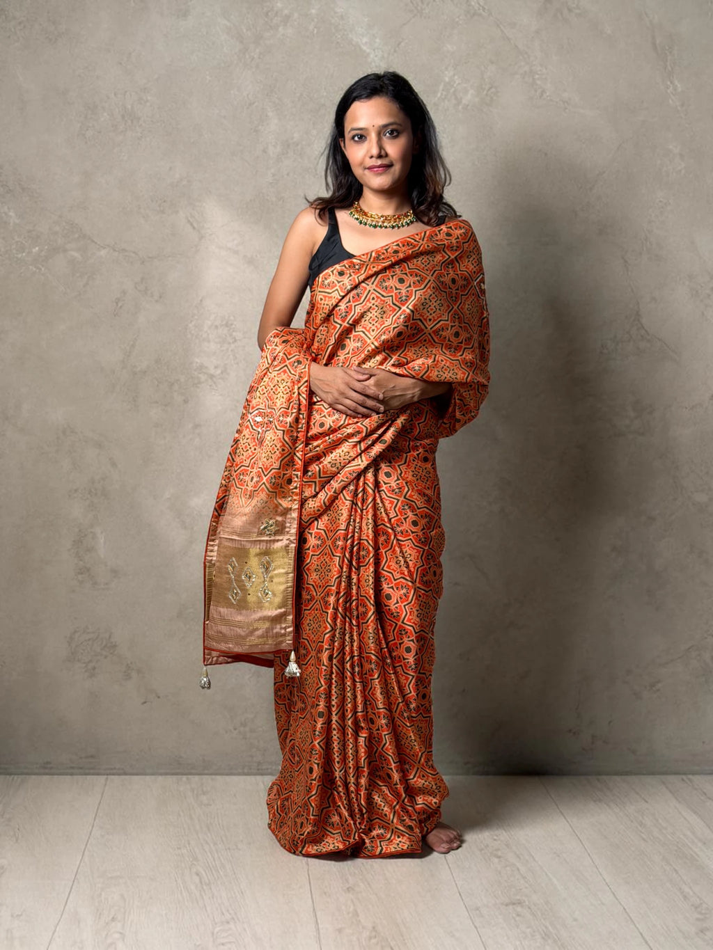 Rust Orange Heritage Ajrakh Inspired Saree